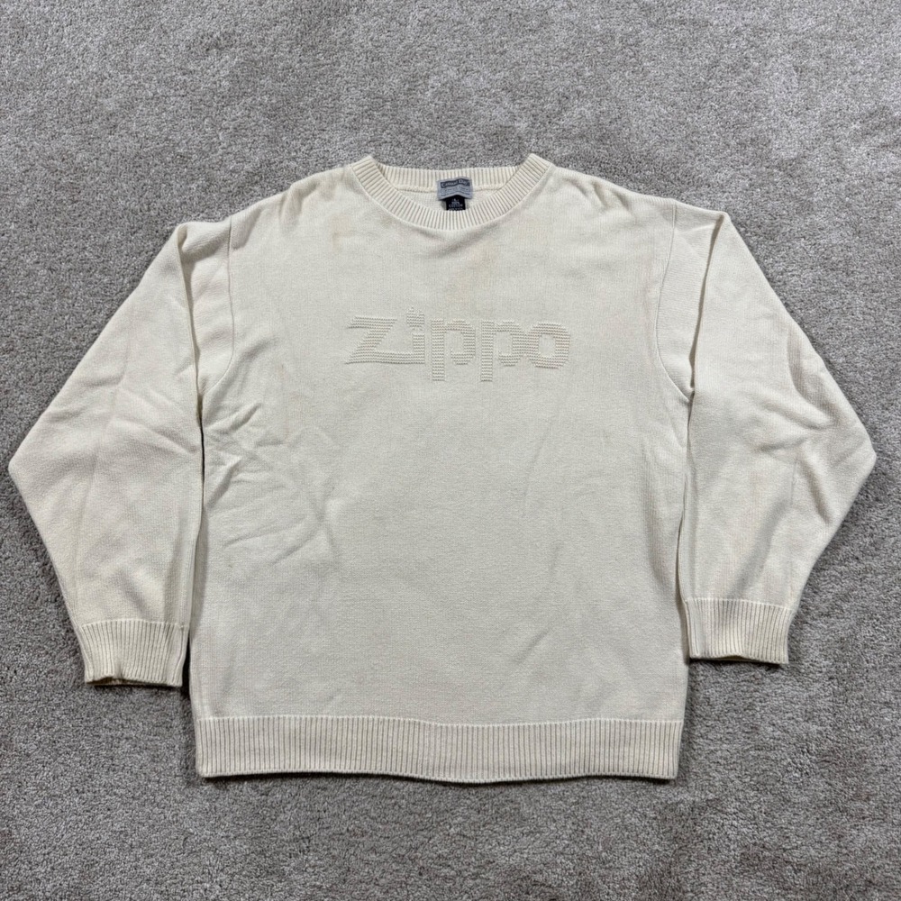 Vintage Casual Day Zippo Lighter Embossed Logo Sweater Mens Large Cream USA Made